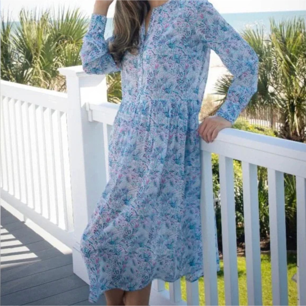 Light Blue Floral Long-Sleeve Midi Dress